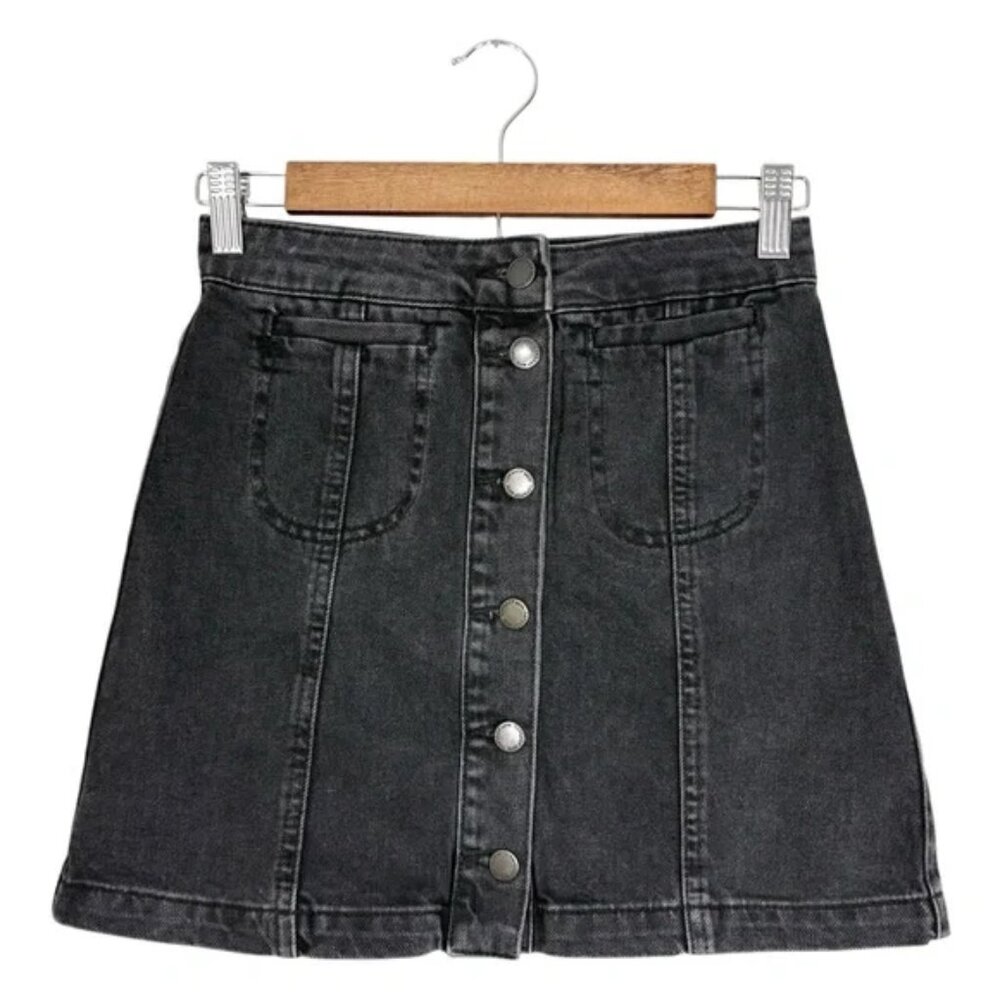 Topshop Moto Denim Skirt Washed Black A-Line Mini Button Front, Size 25